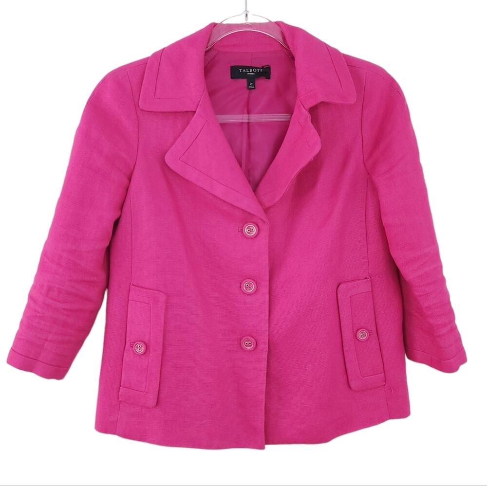 Talbots Hot Pink Womens Career Linen Blazer 2P Petite, 3 Button, 3/4 Sleeves